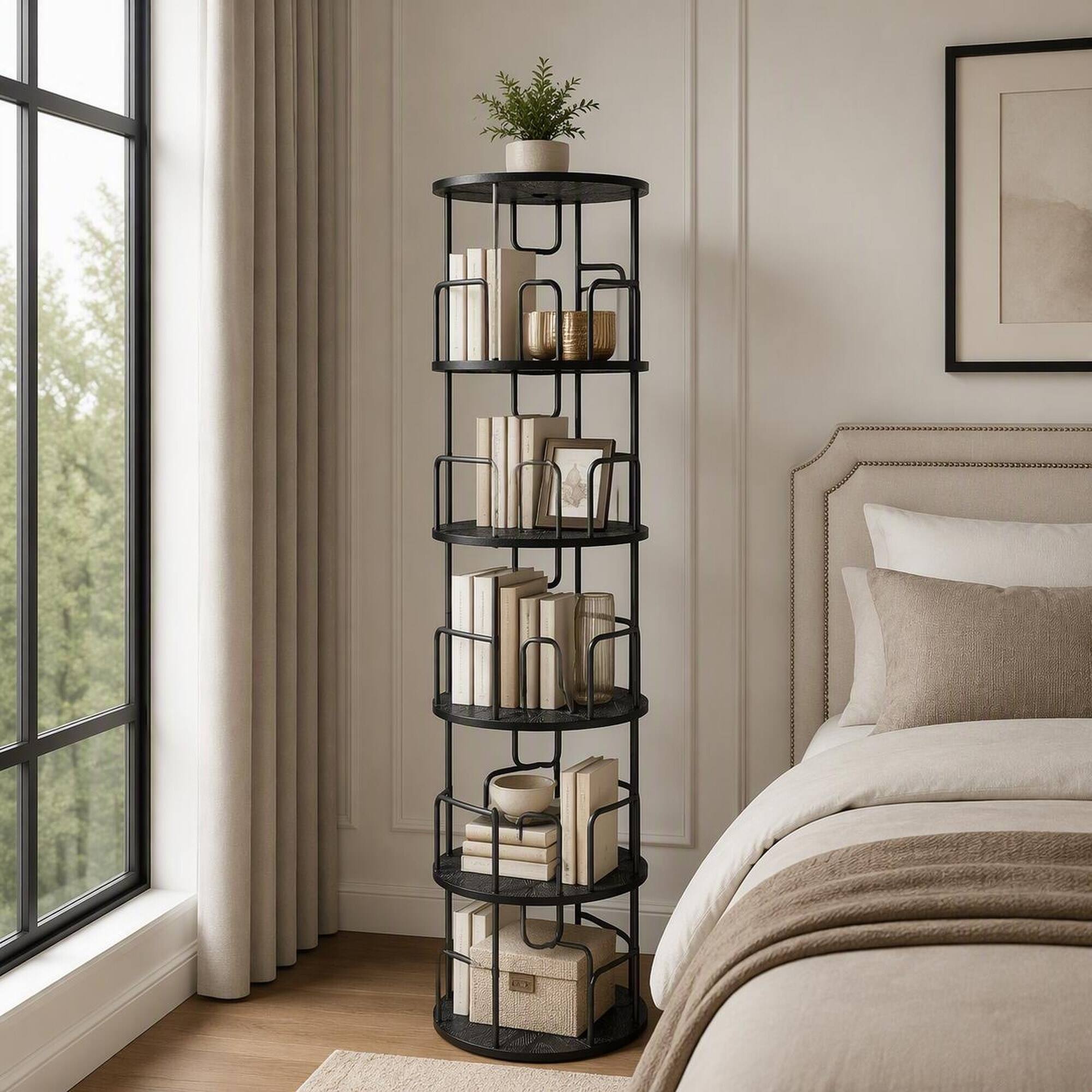 Left. RYHNUYNE - 62.2 in 5-Tier 360° Rotating Bookshelf Tower Narrow Tall Spinning Bookcase MDF and Iron Vertical Round Storage Organizer - Black.