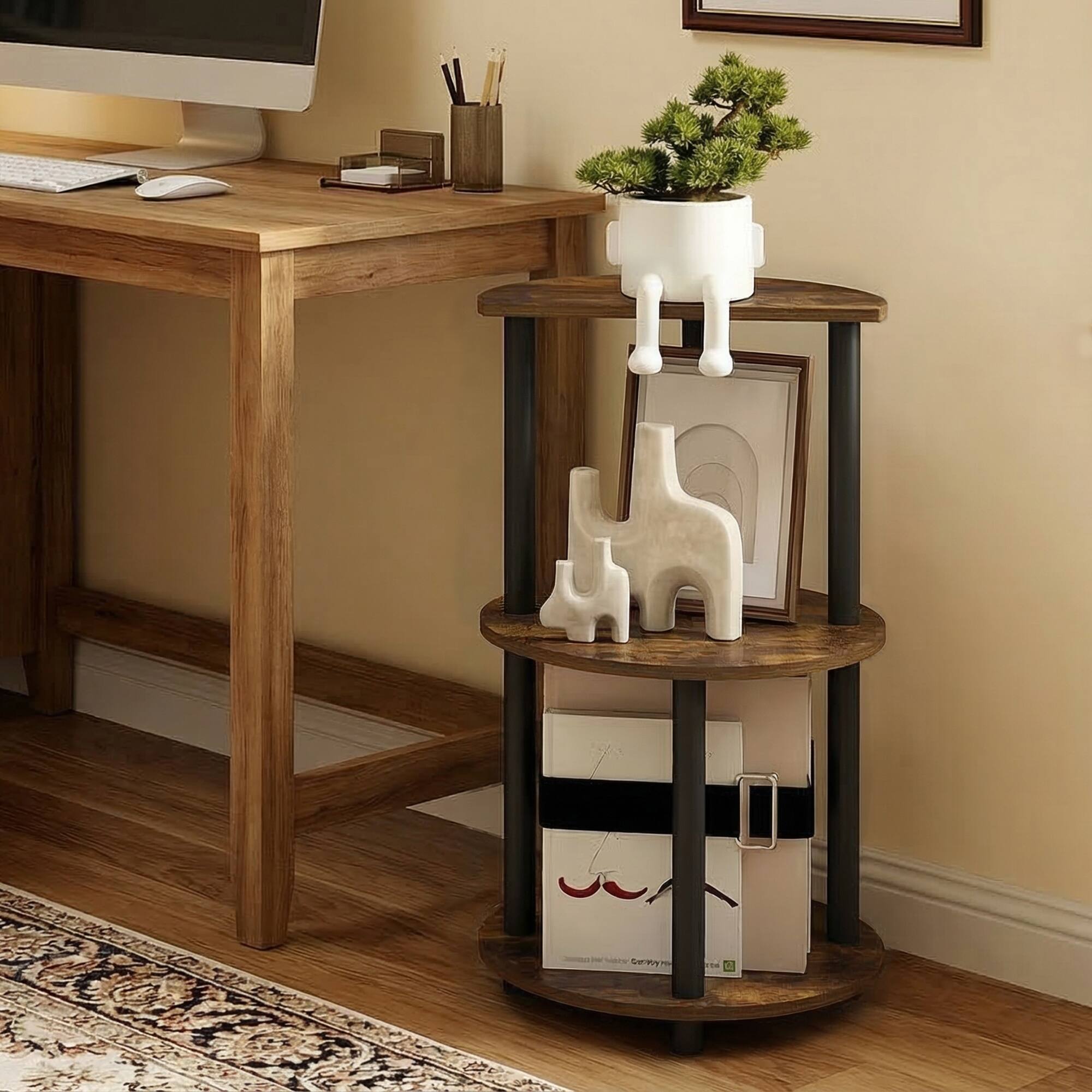 Alt View 2. Furinno - TURN-N-TUBE Side Table, Round End Table, Half Round Table Top Night Stand, Toolless Nightstand, Bedside Table,Open Shelf - Amber Pine/Black.