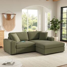 Whisen - 86.5" L-Shaped Corduroy Sectional Sofa with Chaise & Cup Holders for Living Room - Green