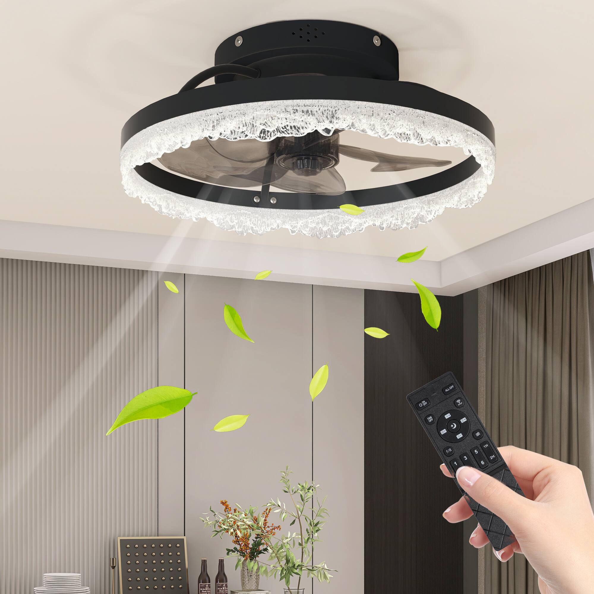 Angle. TinyHomie - 16 Decorative LED Ceiling Fan Light Modern Flush Mount with Crystal Inspired Acrylic Ring Hidden Blades.