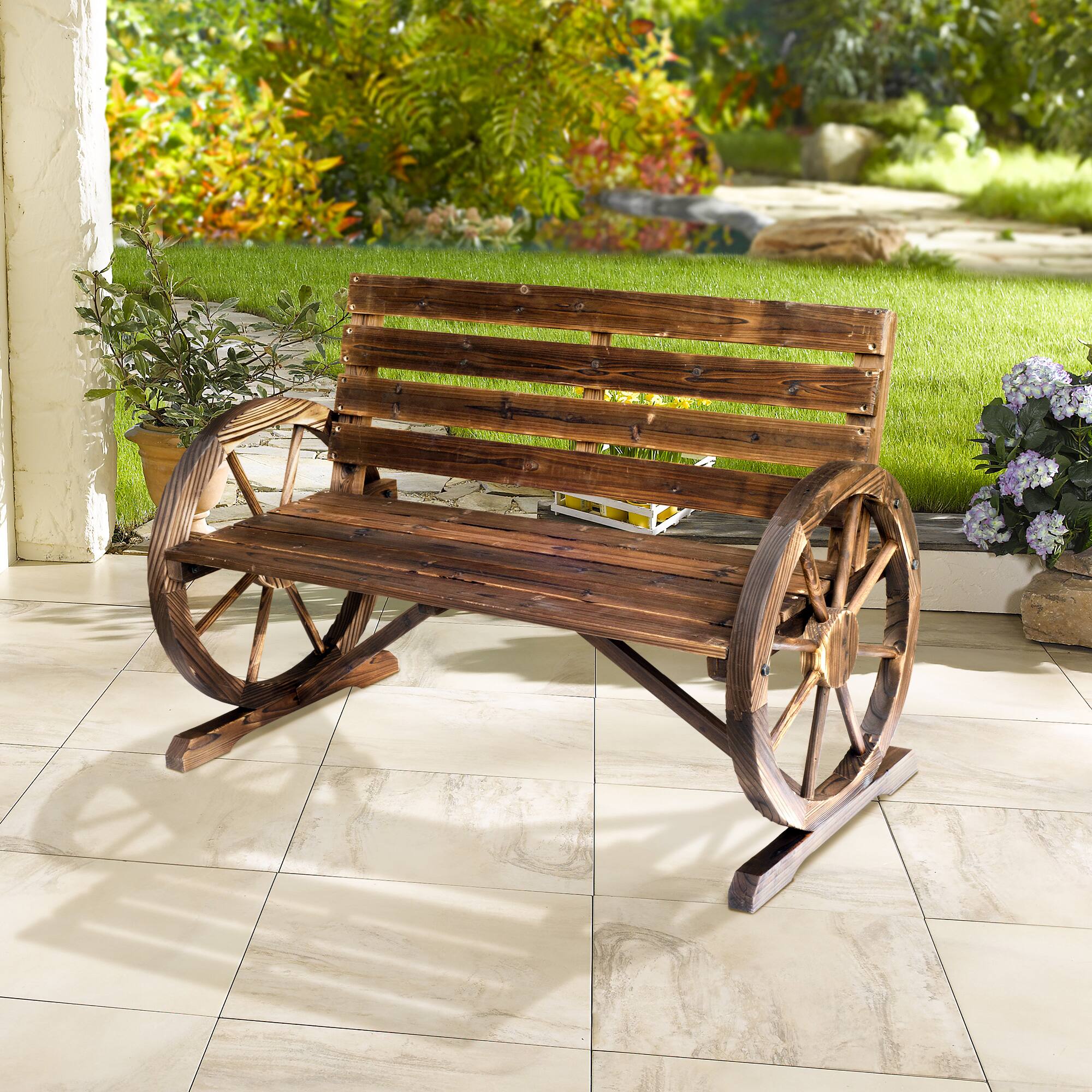 Alt View 8. Outsunny - 41" Wooden Wagon Wheel Bench, Rustic Outdoor Patio Weather Resistance Furniture, 2-Seat Bench with Backrest - Brown.