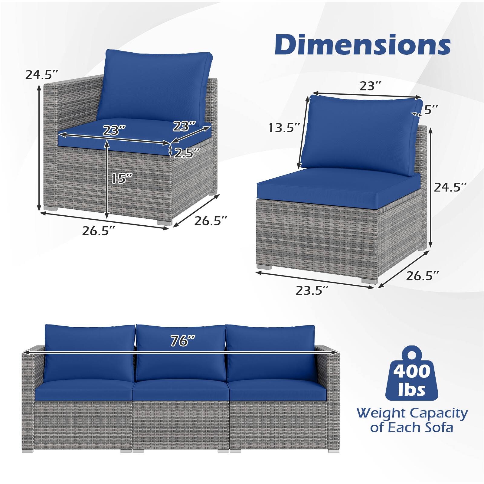 Dimensions:  
- 24.5"  
- 23"  
- 23"  
- 23"  
- 13.5"  
- 5"  
- 2.5"  
- 15"  
- 26.5"  
- 26.5"  
- 23.5"  
- 26.5"  

Weight Capacity of Each Sofa: 400 lbs