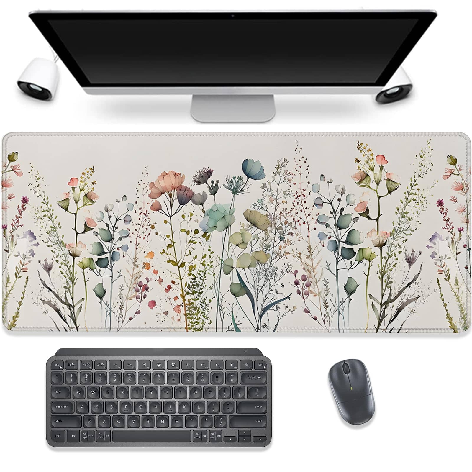 Fabibe - Desk Pad Mouse Floral Prints Extended Large Gaming Mat With Stitched Edges Non-slip Waterpro - Watercolor Plant Flowers