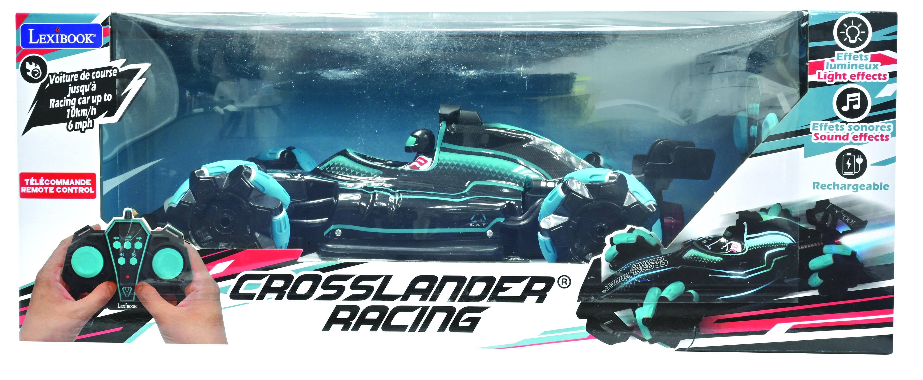 LEXIBOOK Voiture de course jusqu'à 10km/h 6 mph TLCOMMANDE REMOTE CONTROL a DN Effets lumineux Light effects Effets sonores Sound effects Rechargeable ... 100 15508s 187 V CROSSLANDER RACING