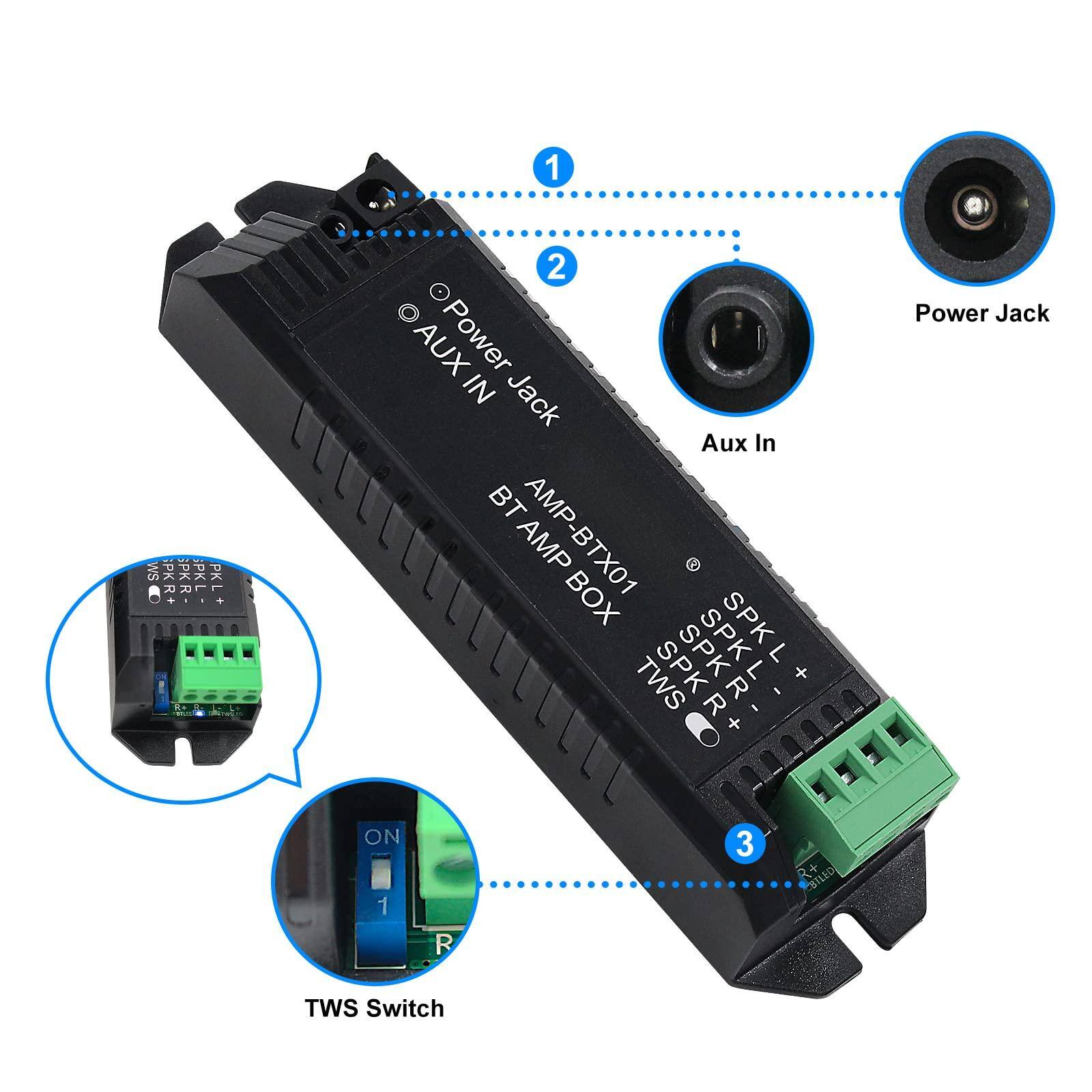 1. WS SPKR PK PKL PKR+
2. AUX Power IN Jack Aux In BT AMP AMP-BTX01
3. BOX SPKL SPK SPK TWS SPK R k L I + R I + Power Jack ON 1 R
4. OTLED TWS Switch

- Power Jack
- Aux In
- TWS Switch
