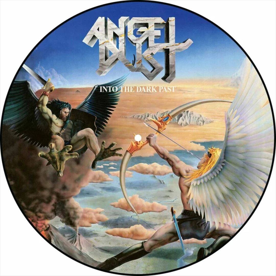 The image features a large record album cover with a man and an angel on it. The man is holding a bow and arrow, while the angel has a sword. The album cover is titled "Angel Dust - Into the Dark Past."