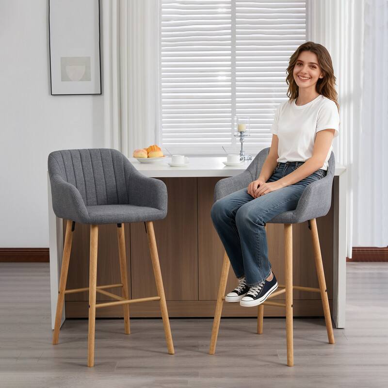 Alt View 1. HTUTWOO - Modern Bar Stools Set of 2, Ergonomic Backrest & Footrest, Linen Upholstered Tall Chairs for Kitchen Island, Home Bar - Gray.