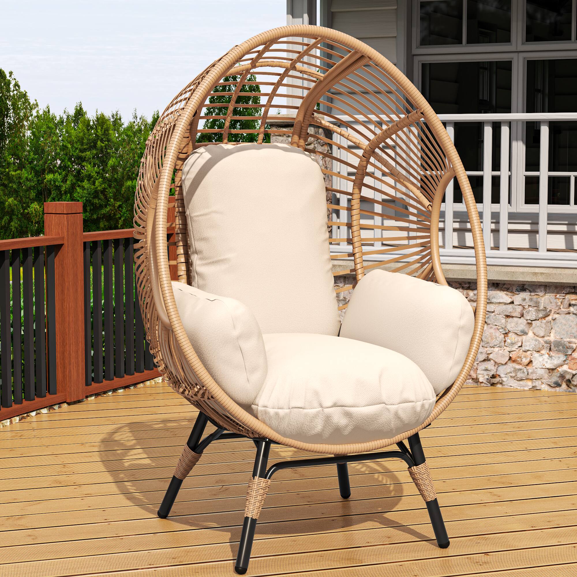 Front. Mondawe - Patio PE Rattan Arc Back Egg Chair with 8-Inch Cushion - Natural.