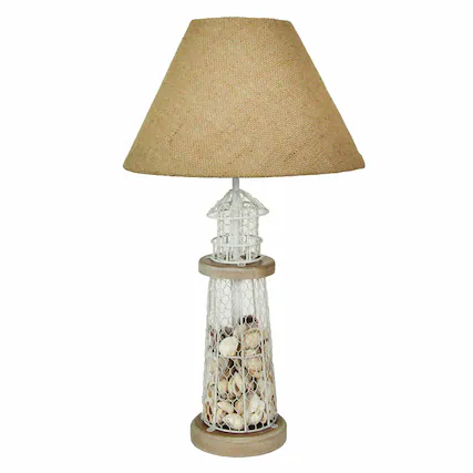 Front. Zeckos - White and Grey Metal Mesh Seashell Filled Lighthouse Table Lamp with Cone Shade - White.