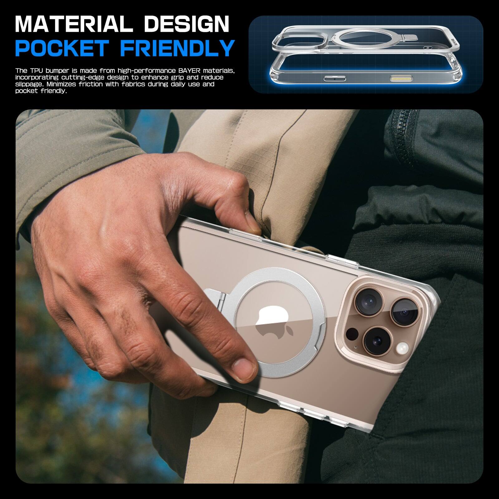 **MATERIAL DESIGN POCKET FRIENDLY**

The TPU bumper is made from high-performance BAYER materials, incorporating cut-and-edge design to enhance grip and reduce slippage. Minimizes friction with fabrics during daily use and is pocket-friendly.