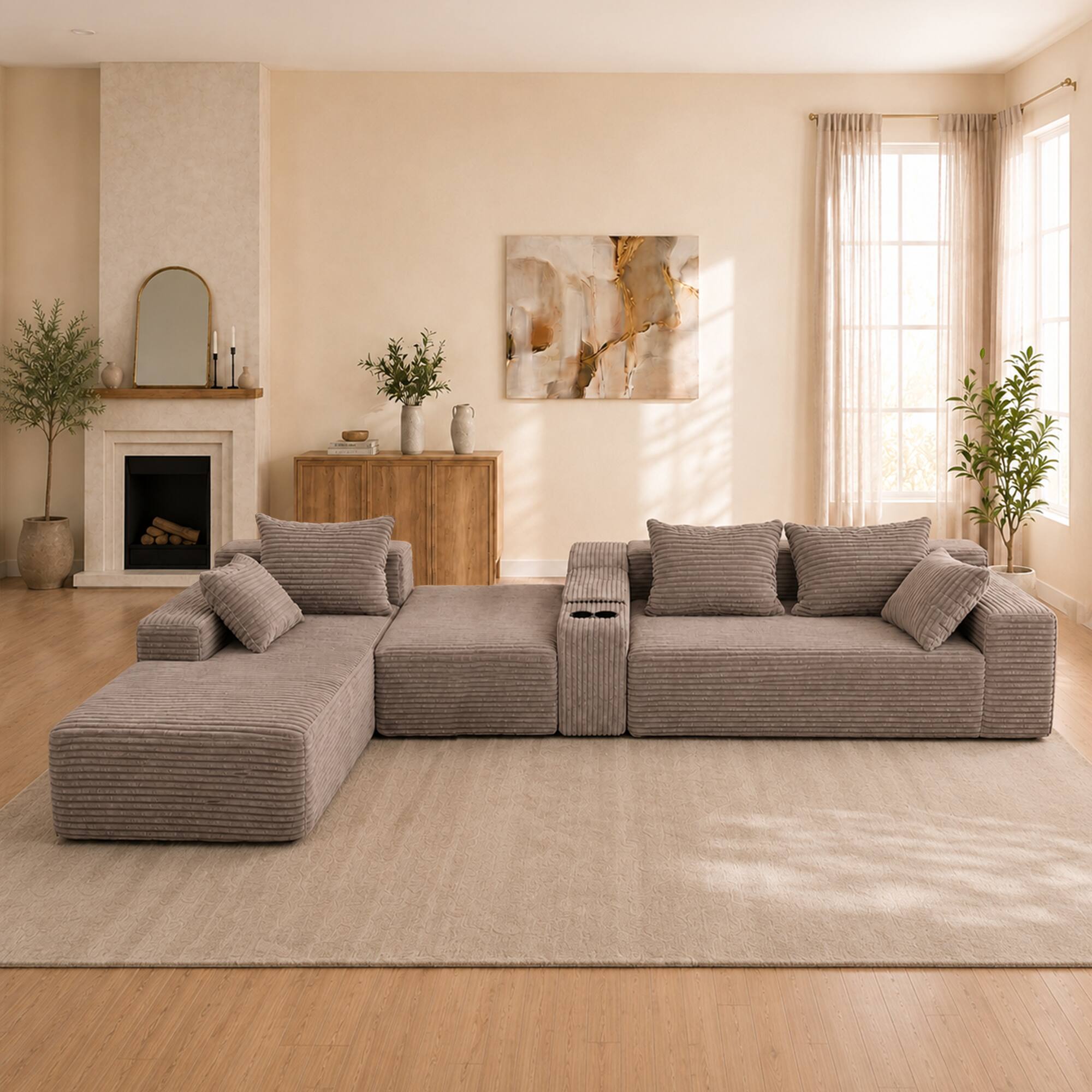 Left. Anysun - Corduroy U-Shaped Modular Segmented Sofa – Large Sitting Depth Convertible, Cup Holders & Storage, Left-Facing Chaise - Coffee.