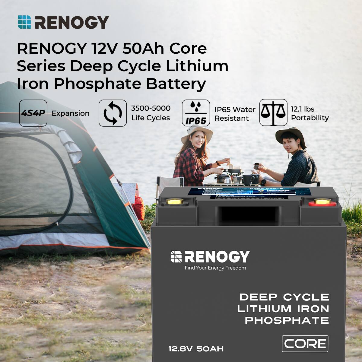 RENOGY 12V 50Ah Core Series Deep Cycle Lithium Iron Phosphate Battery 4S4P Expansion 3500-5000 IP65 Water Life Cycles Resistant IP65 12.1 lbs Portability RENOGY Find Your Energy Freedom DEEP CYCLE LITHIUM IRON PHOSPHATE 12.8V 50AH CORE
