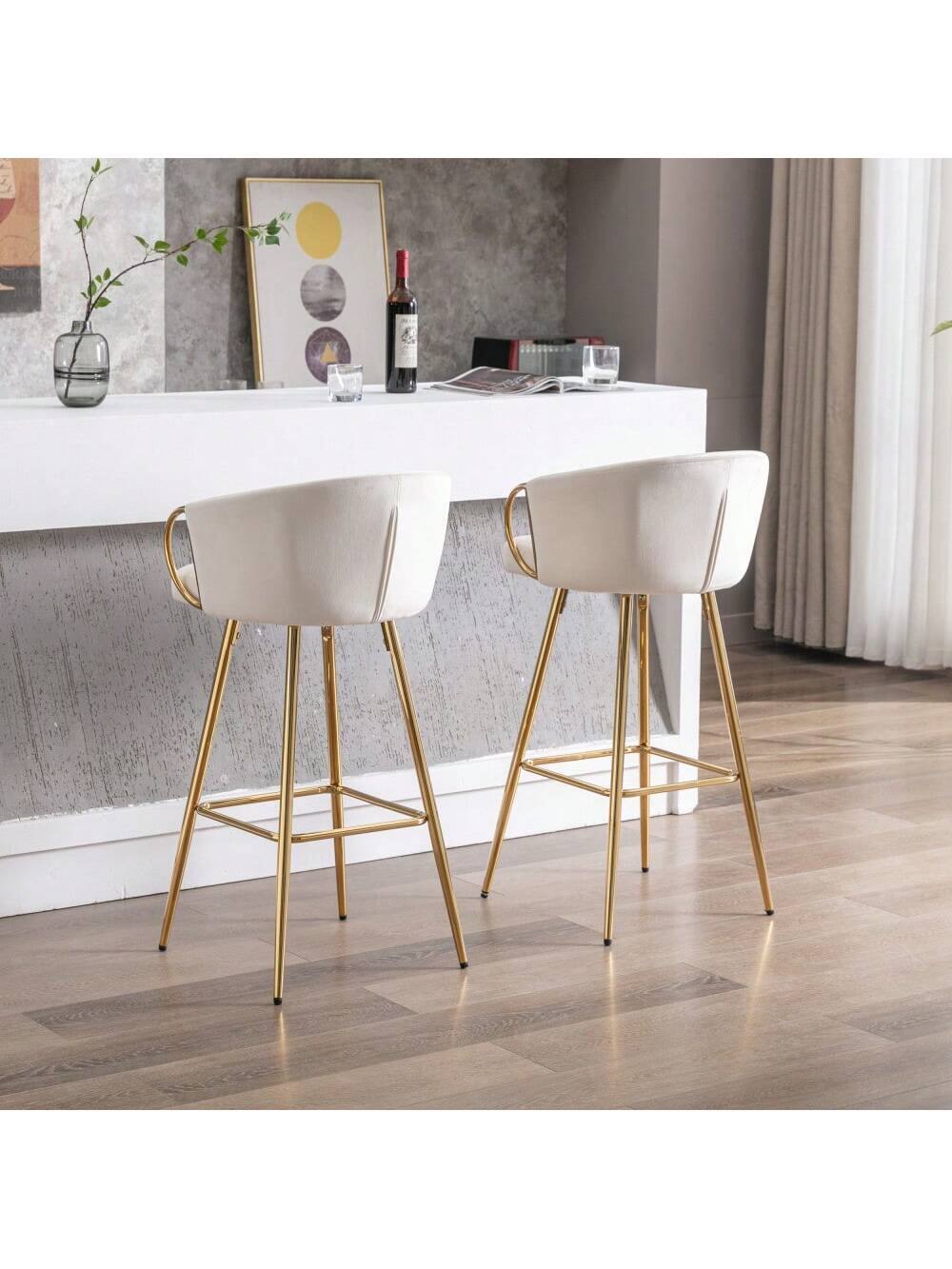 Alt View 2. Trinkets Crazed - 26" Velvet Counter Stools Set Of 2, Luxury Bar Chair With Low Back and Gold Legs For Kitchen Island - Beige.