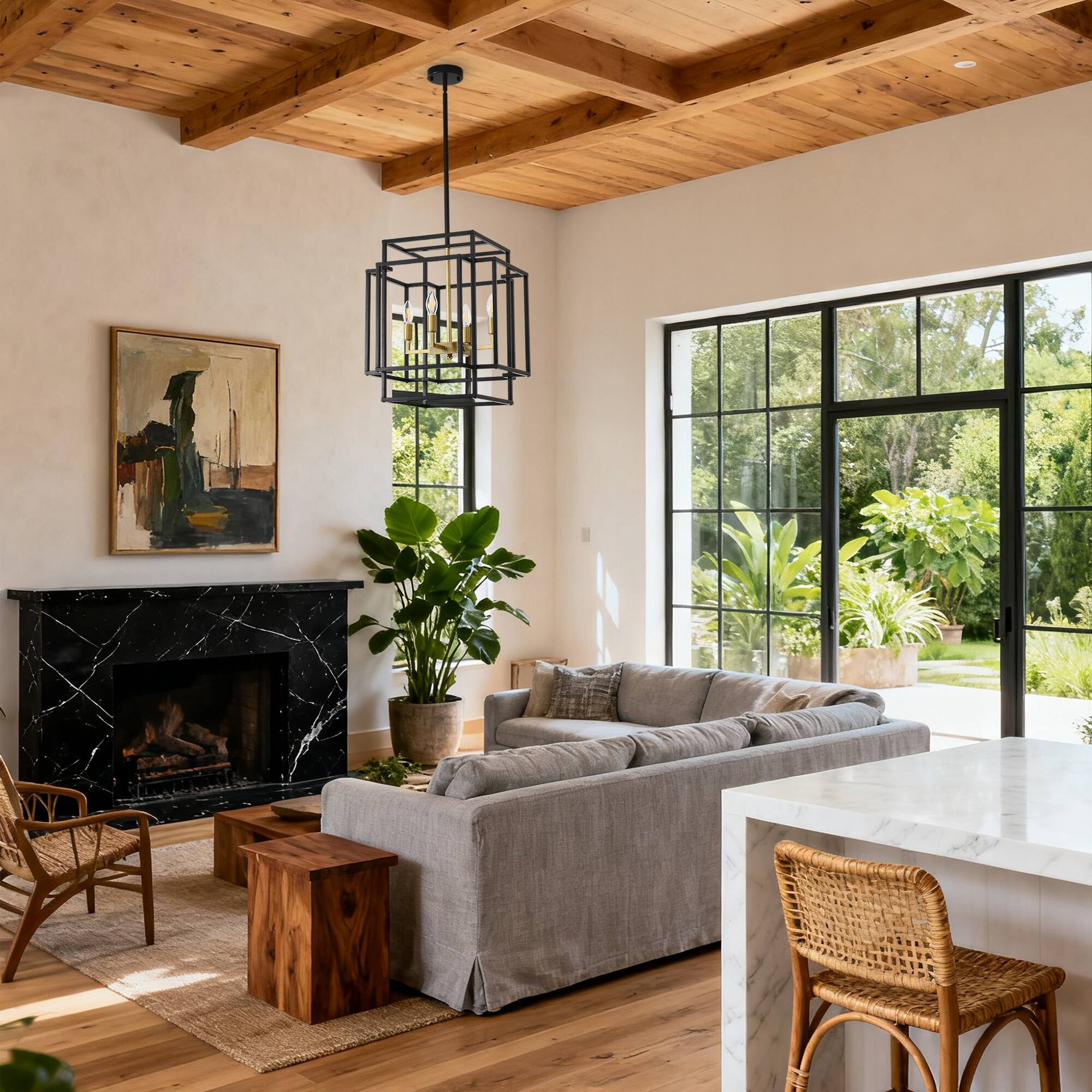 Alt View 2. RYHNUYNE - 4-Light Lantern Tiered Pendant Light Fixtures,Black Farmhouse Chandelier for Kitchen Island,Dining Room Light Fixture Ov - Black.