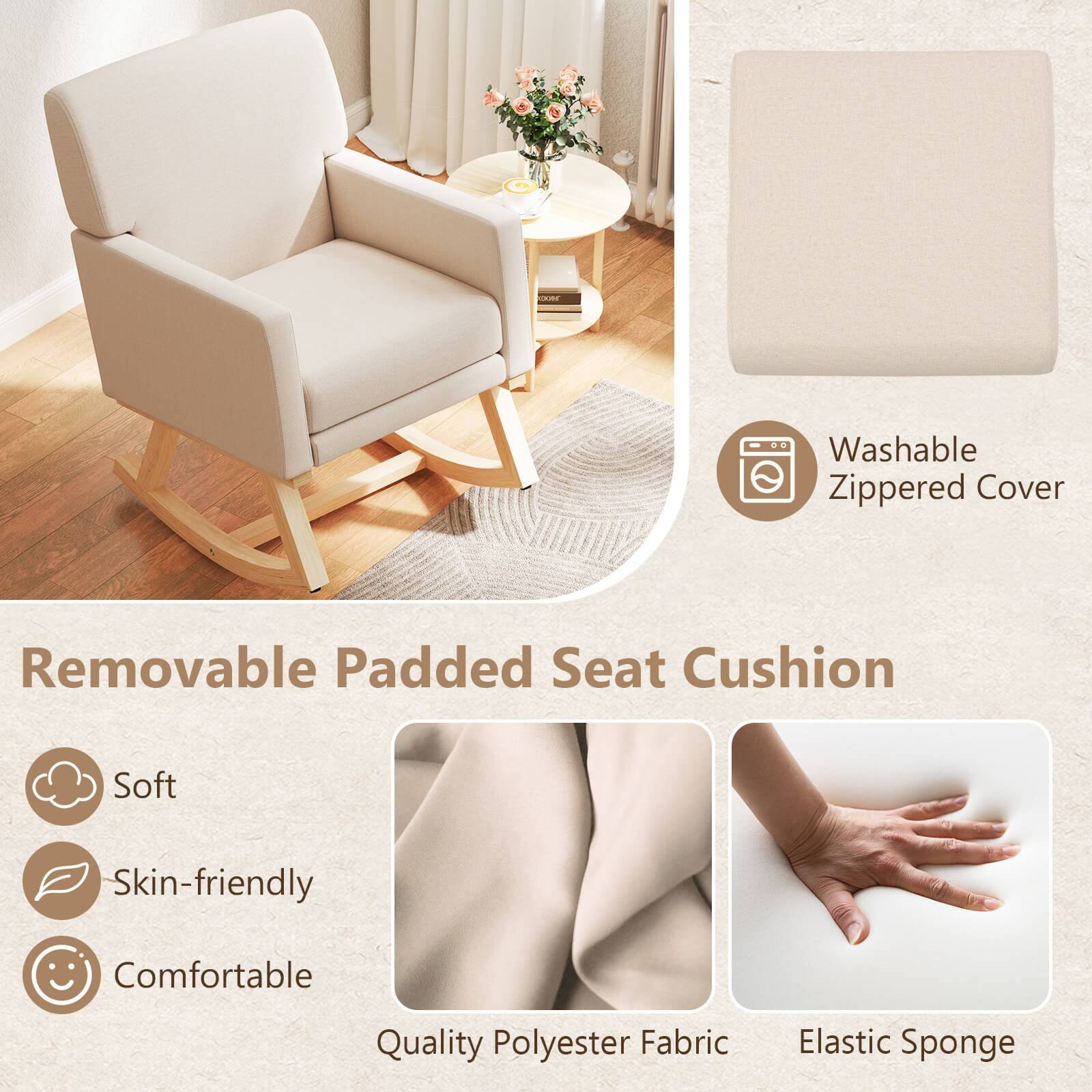 The text can be grouped and corrected as follows:

- **Features:**
  - Washable Zippered Cover
  - Removable Padded Seat Cushion
  - Soft
  - Skin-friendly
  - Comfortable
  - Quality Polyester Fabric
  - Elastic Sponge

- **Description:**
  - A chair with a washable zippered cover and a removable padded seat cushion made of soft, skin-friendly, and comfortable quality polyester fabric with an elastic sponge.