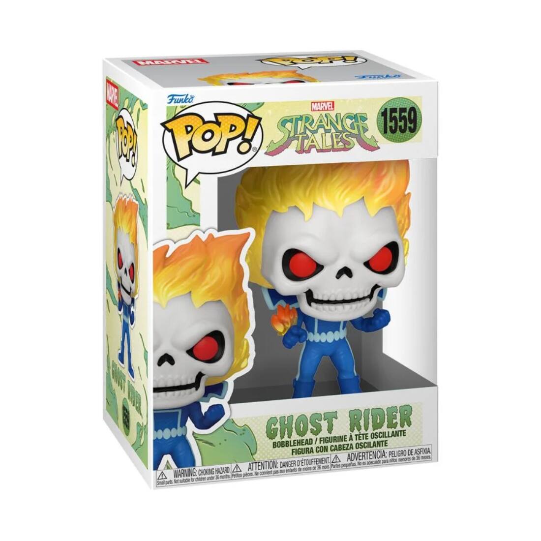 Funko POP!  
MARVEL STRANGE TALES  
1559  

GHOST RIDER  
BOBBLEHEAD / FIGURINE À TÊTE OSCILLANTE / FIGURA CON CABEZA OSCILANTE  

WARNING: CHOKING HAZARD - ATTENTION: PELIGRO DE AHOGAMIENTO - ADVERTENCIA: PEQUEÑOS OBJETOS QUE PUEDE INGESTAR.  
Small parts. Not for children under 3 years.  
Pequeñas piezas. No apto para menores de 3 años.  
Peu de pièces. Ne convient pas aux enfants de moins de 3 ans.