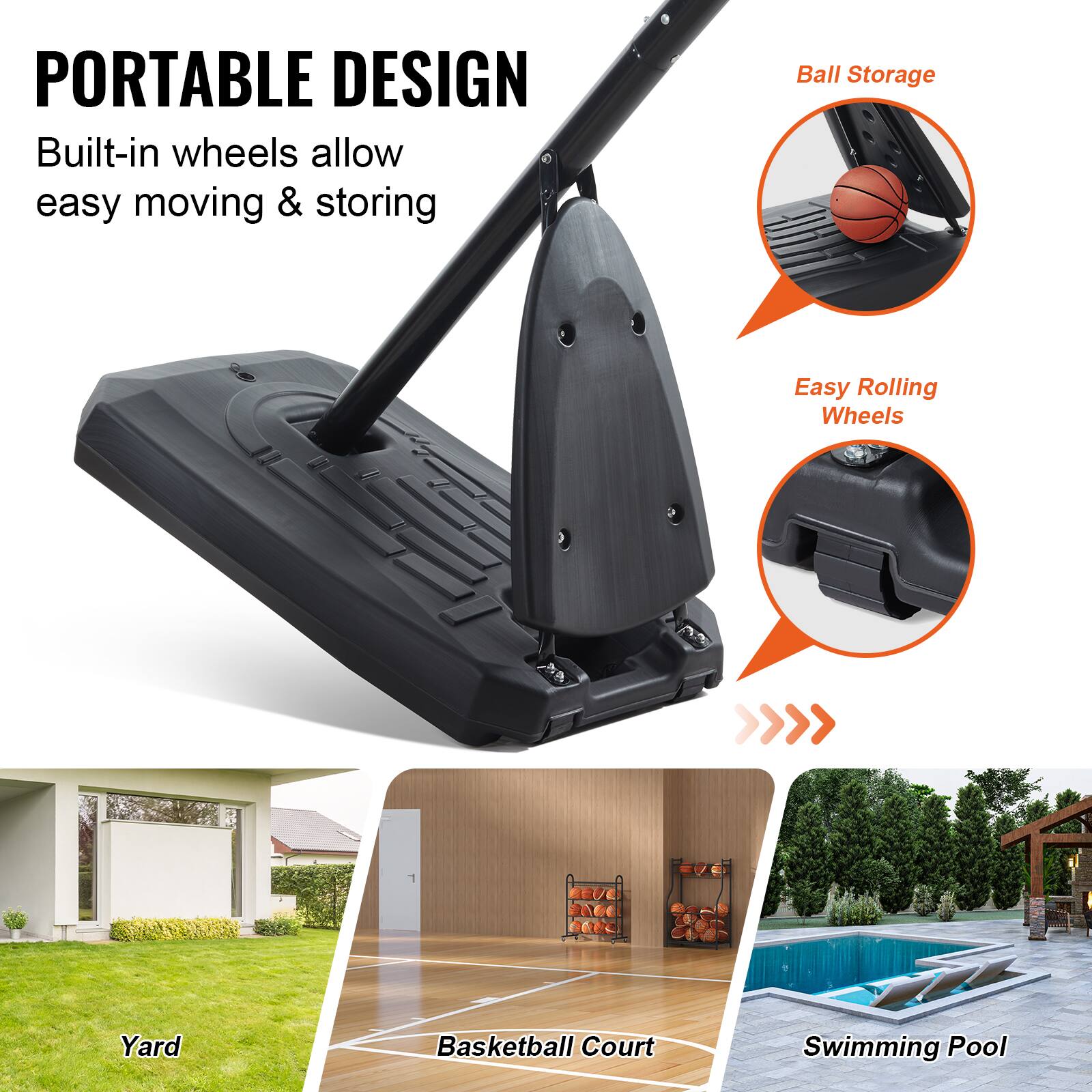 PORTABLE DESIGN
Built-in wheels allow easy moving & storing
Ball Storage
Easy Rolling Wheels
Yard
Basketball Court
Swimming Pool