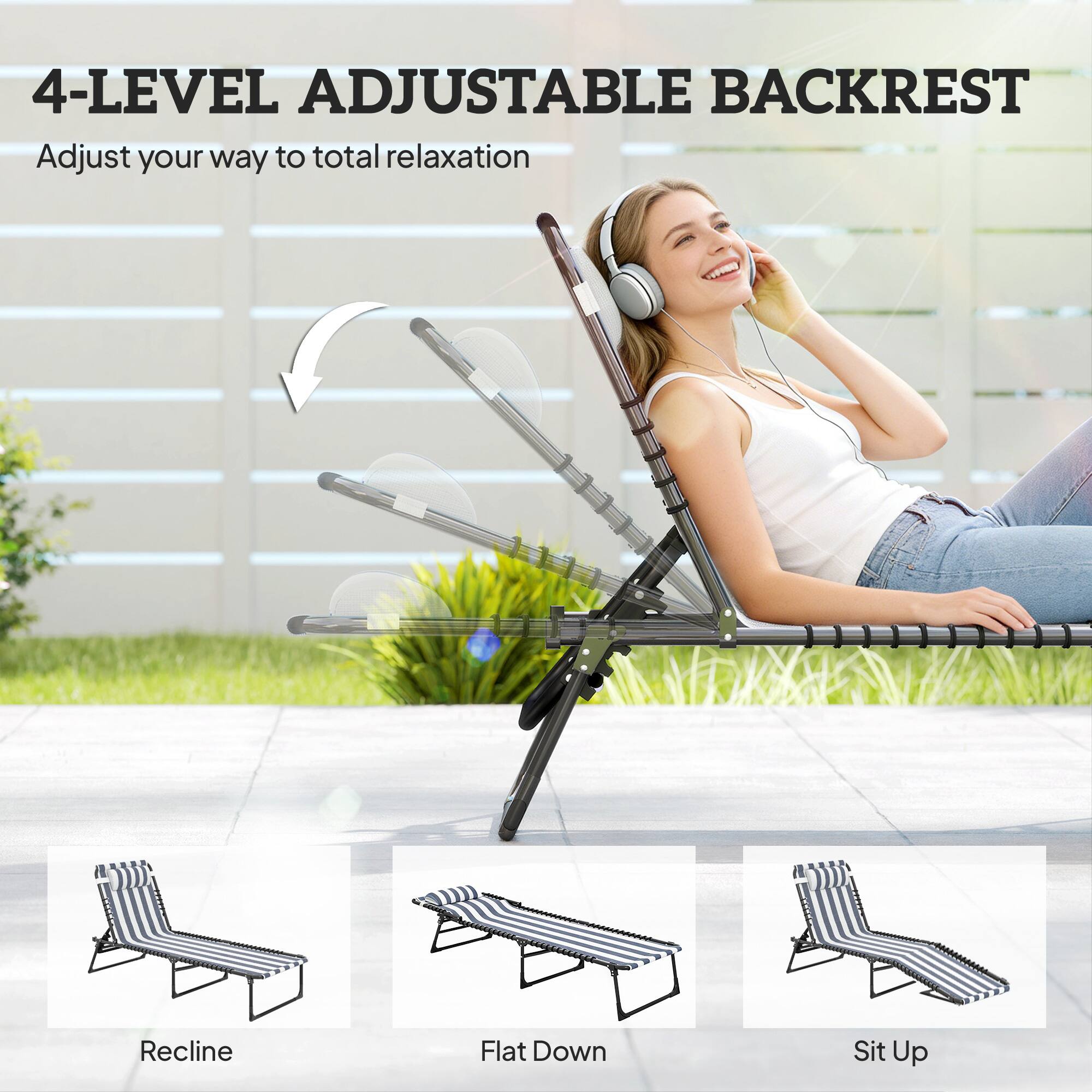 4-LEVEL ADJUSTABLE BACKREST  
Adjust your way to total relaxation  

Recline  
Flat Down  
Sit Up