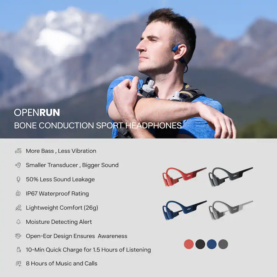 Shokz OpenRun Bone Conduction Open Ear Endurance Headphones Blue