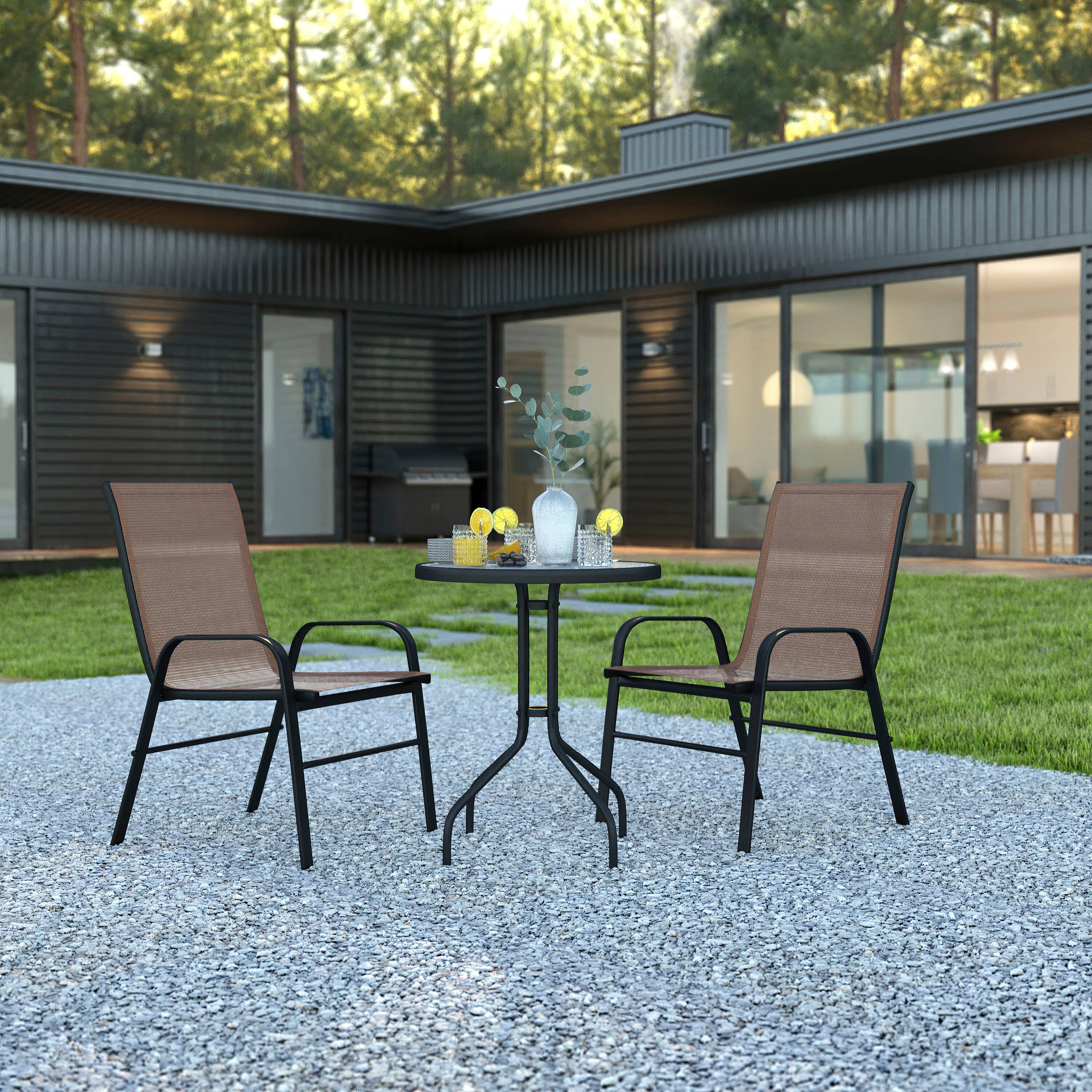 Alt View 1. Emma + Oliver - Three Piece Patio Table Set with Round Metal Frame Table with Tempered Glass Top and Two Flex Comfort Stacking Chairs - Brown.