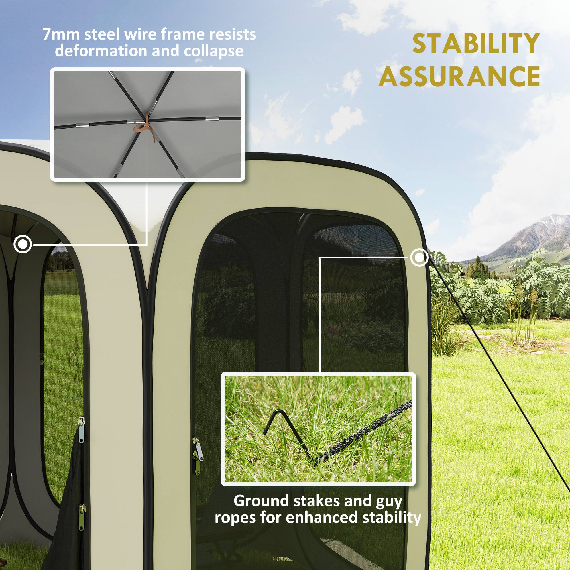 7mm steel wire frame resists deformation and collapse

STABILITY ASSURANCE

Ground stakes and guy ropes for enhanced stability