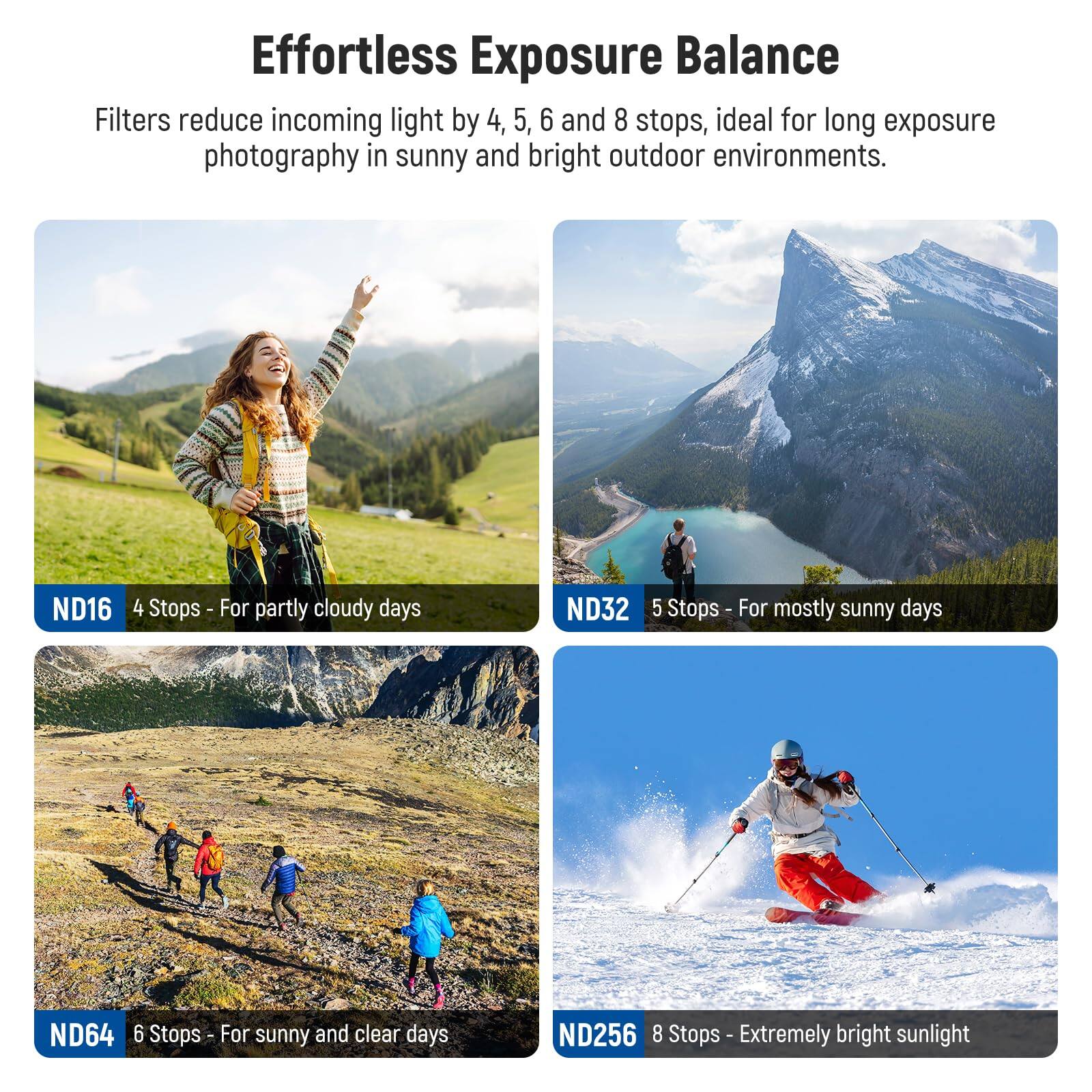 Effortless Exposure Balance

Filters reduce incoming light by 4, 5, 6 and 8 stops, ideal for long exposure photography in sunny and bright outdoor environments.

- ND16 4 Stops - For partly cloudy days
- ND32 5 Stops - For mostly sunny days
- ND64 6 Stops - For sunny and clear days
- ND256 8 Stops - Extremely bright sunlight