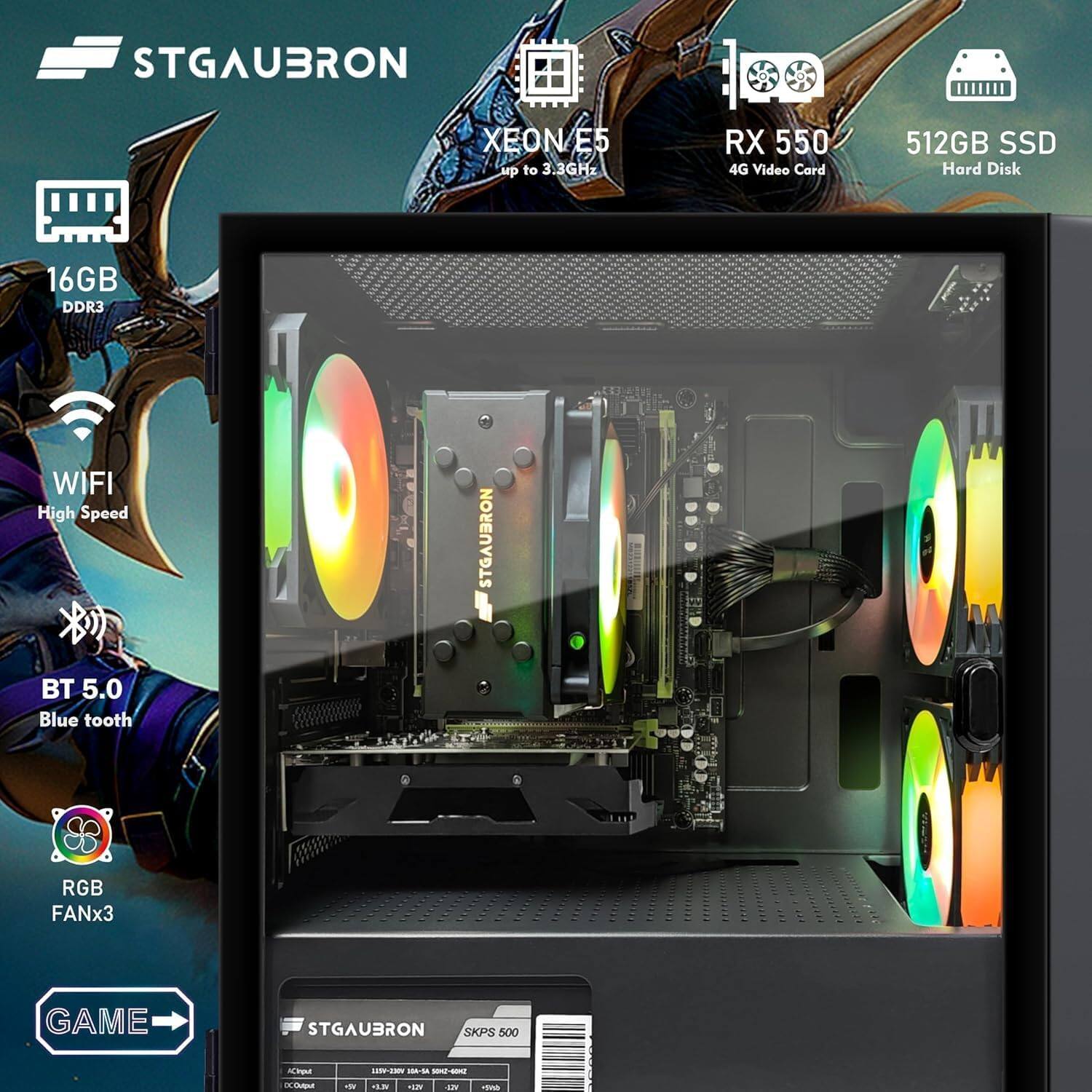 STGAUBRON XEON E5 up to 3.3GHz RX 550 4G Video Card 512GB SSD Hard Disk 16GB DDR3 WIFI High Speed STGAUBRON BT 5.0 Blue tooth RGB FANx3 GAME STGAUBRON SKPS 500