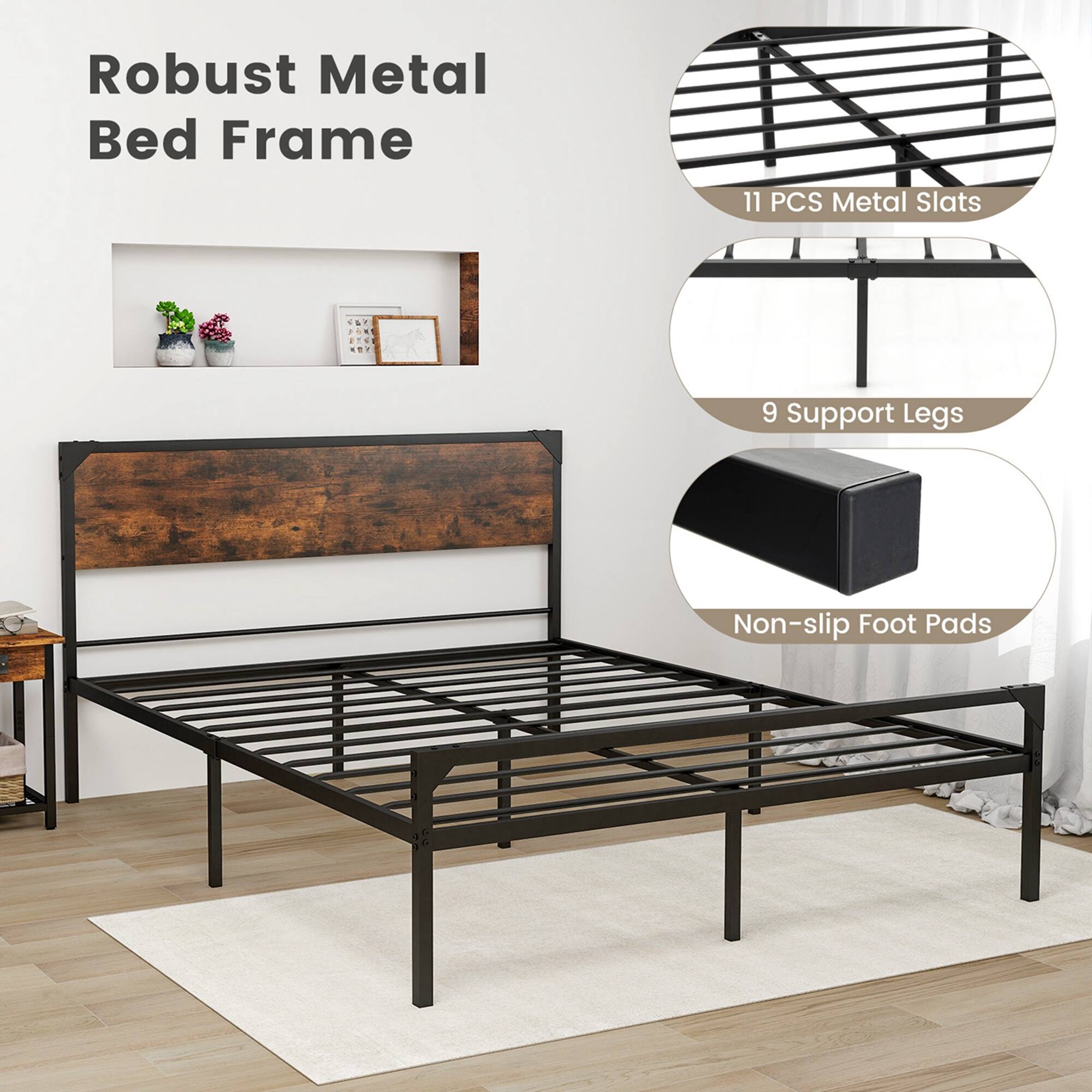Alt View 7. Costway - Costway Platform Queen Bed with Rustic Headboard & Footboard Strong Metal Slat Support - Rustic Brown,Black.