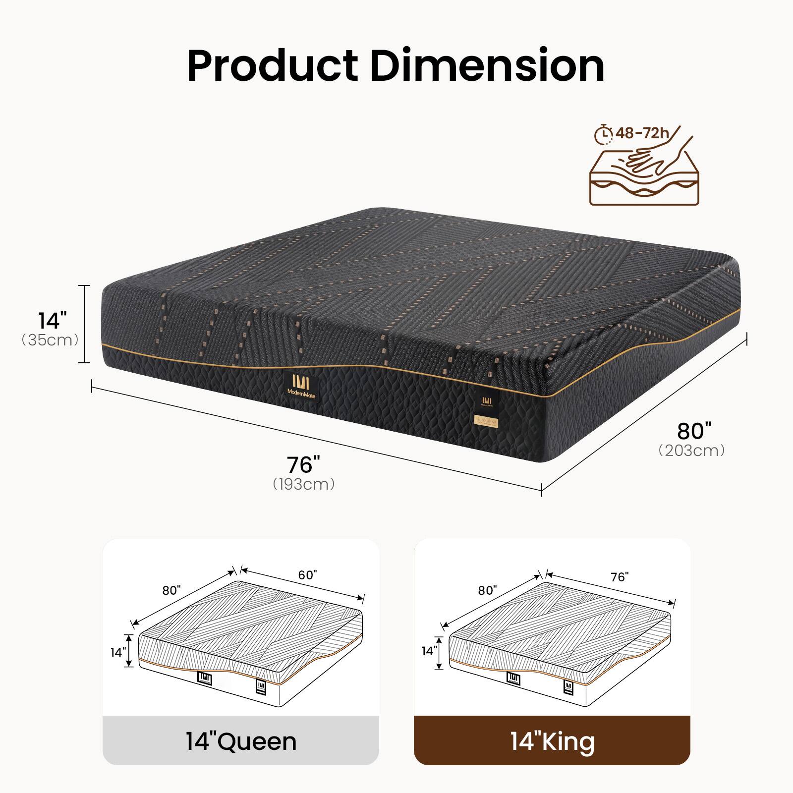 Product Dimension

48-72h 14" (35cm)

Moderate NT

76" (193cm) 80" (203cm)

14" Queen

14" King