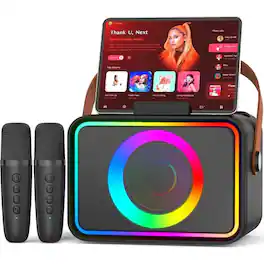 PRIMEPLUS - Portable Karaoke Machine with 2 Wireless Mics, 360° Sound, 6 Dynamic Disco Light Effects, 10H Battery, USB/TF/AUX