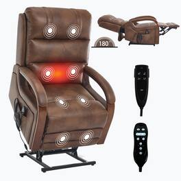 LUCKY ONE - Faux Leather Power Lift Recliner Chair with Infinite Position, Massage and Solid Wood Armrests - Brown