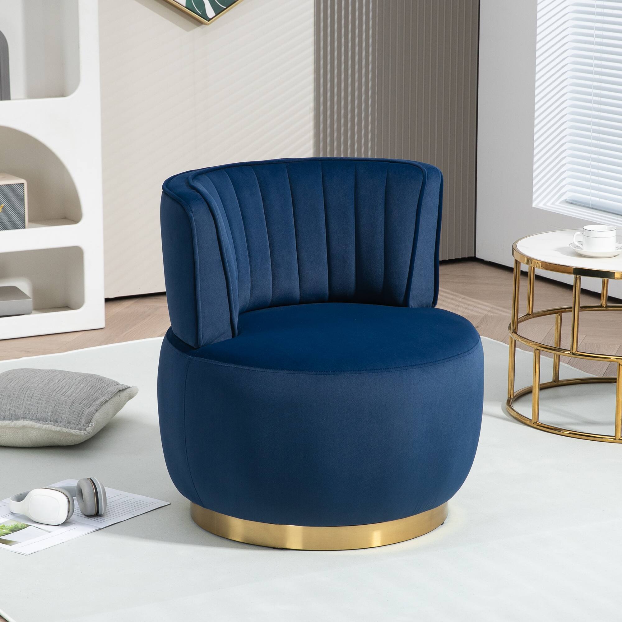 Angle. Trinkets Crazed - Velvet Swivel Accent Barrel Chair, Mid Century Modern Arm Chair 360° Swivel Club Chairs - Navy.