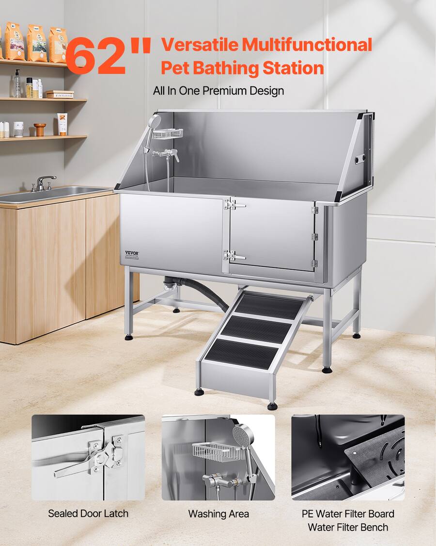Multifunctional Ramp VEVOR Stainless Steel Dog Washing Station, 62 inch Pet Grooming Tub w ...