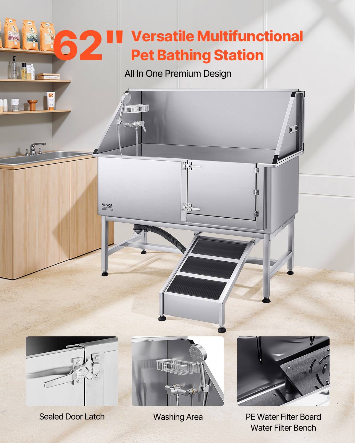 62" Versatile Multifunctional Pet Bathing Station  
All In One Premium Design  

Sealed Door Latch  
Washing Area  
PE Water Filter Board  
Water Filter Bench