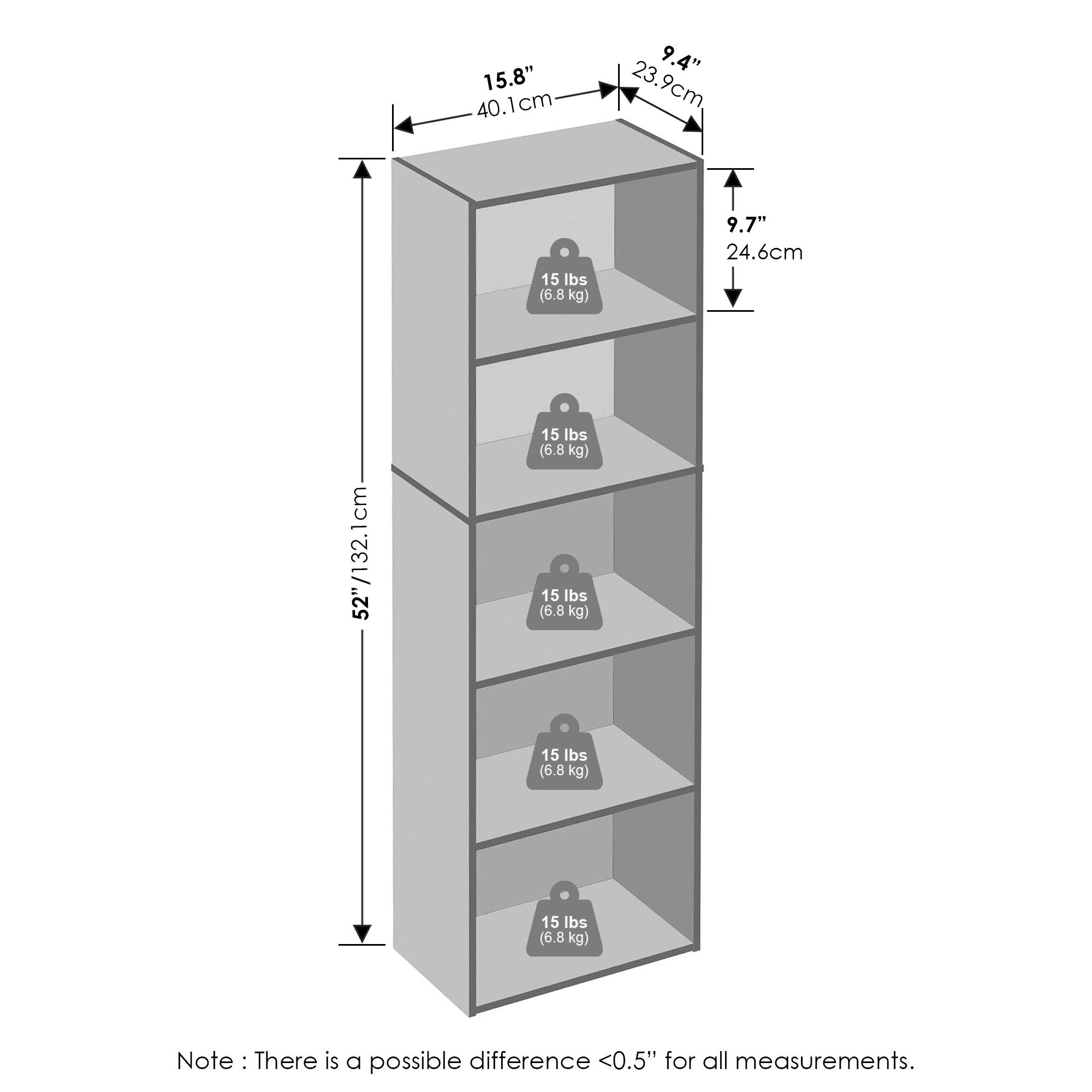 15.8" (40.1 cm)  
9.4" (23.9 cm)  
9.7" (24.6 cm)  
52" (132.1 cm)  

15 lbs (6.8 kg)  
15 lbs (6.8 kg)  
15 lbs (6.8 kg)  
15 lbs (6.8 kg)  
15 lbs (6.8 kg)  

Note: There is a possible difference <0.5" for all measurements.