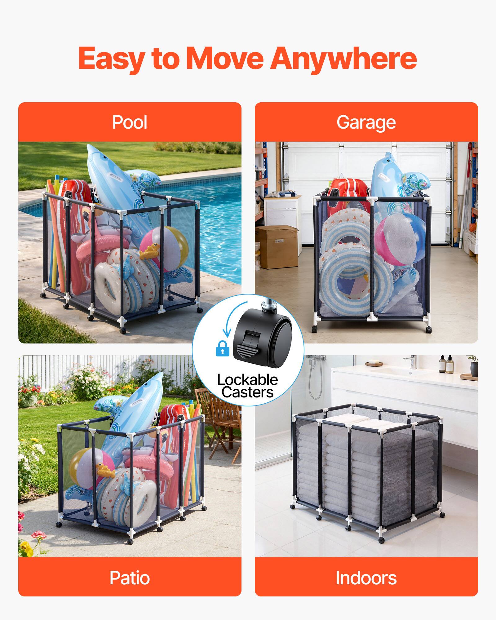 Easy to Move Anywhere

Pool  
Garage  
Patio  
Indoors

Lockable Casters