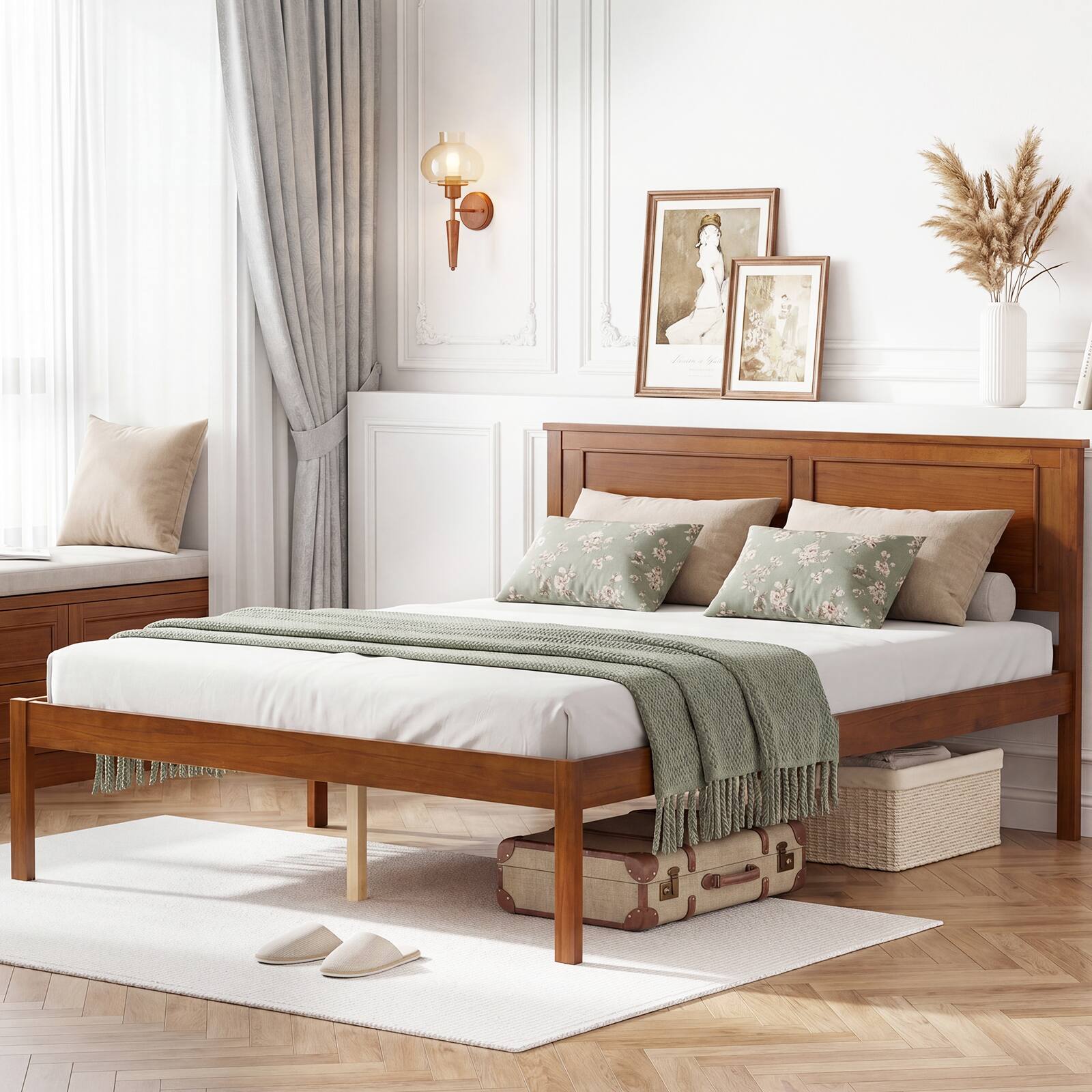 Alt View 1. Gymax - Gymax Full Size Bed Frame Farmhouse Wooden Platform Bed w/Headboard Under-Bed Storage - Brown.