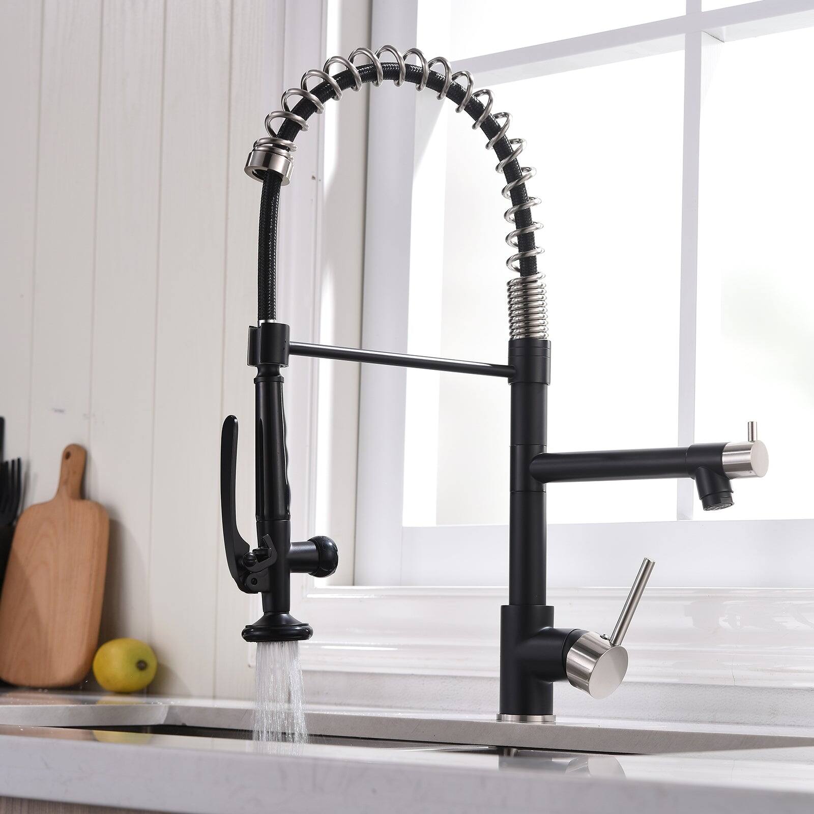 Alt View 8. Boyel Living - Matte Black with Brushed Nickel Dual Function Single Handle Gooseneck Pull Down Sprayer Kitchen Faucet - Matte Black with Brushed Nickel.