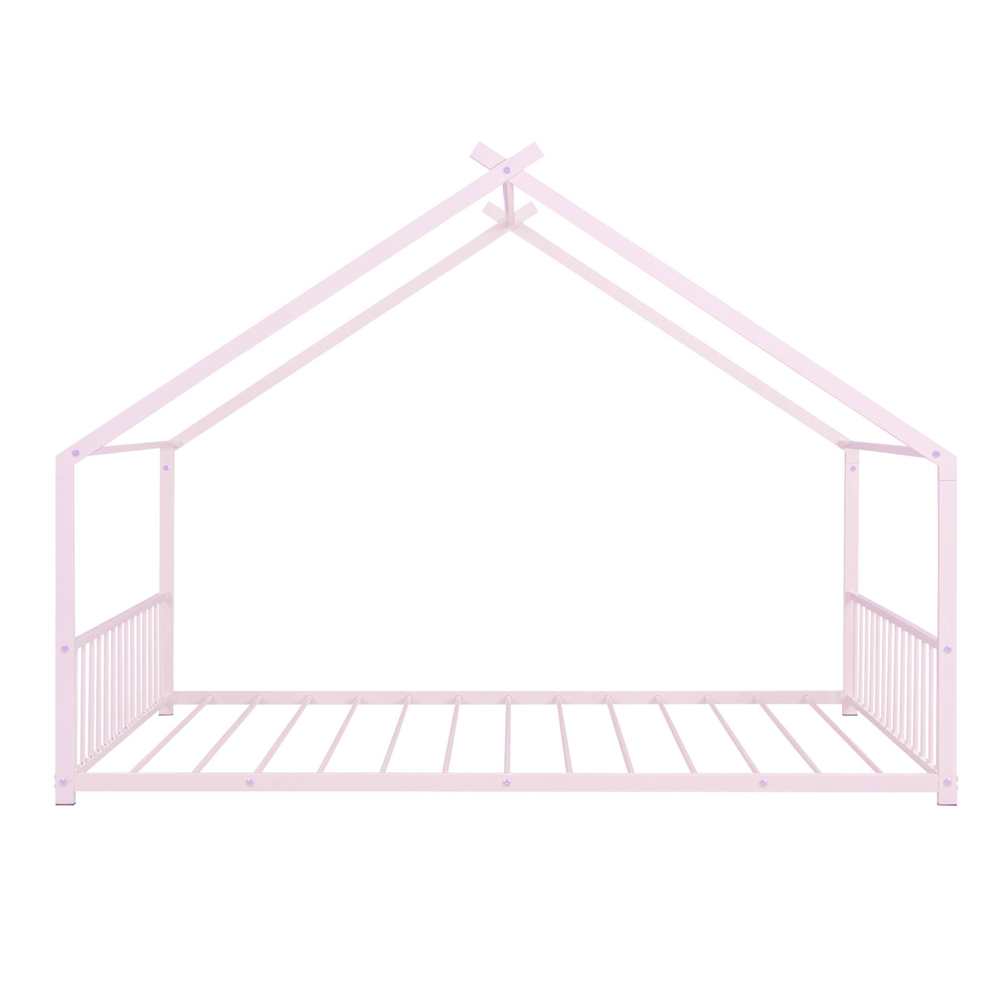 Alt View 5. GOODSILO - Full Size Metal House Bed with Playhouse Roof Design for Kids Room Furniture and Sleep Space - Pink.