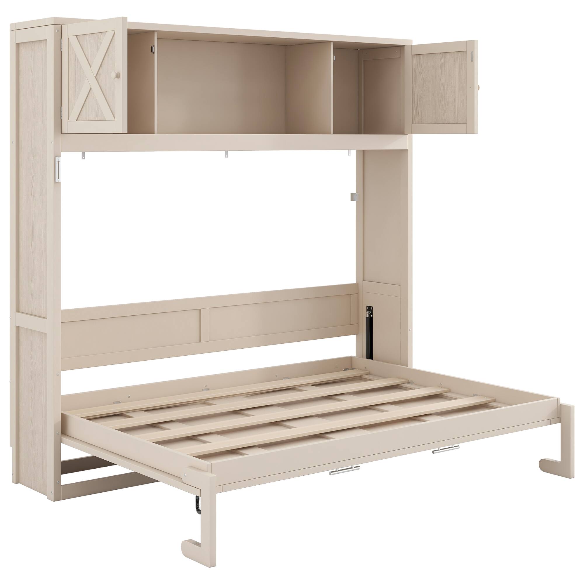 Left. Whisen - Queen Size Murphy Bed with Storage Cabinets, X-Shaped Design Space-Saving Wall Bed for Guest Room - Beige.