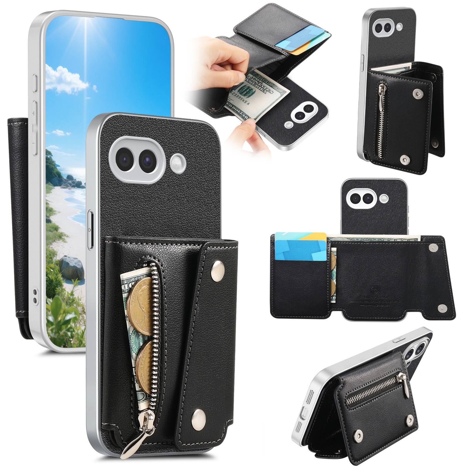Dteck - PU Leather Wallet Case for Google Pixel 10a, Shockproof Kickstand Phone Cover with Card Slots and Zipper Pocket - Black price history on PriceWatchPro