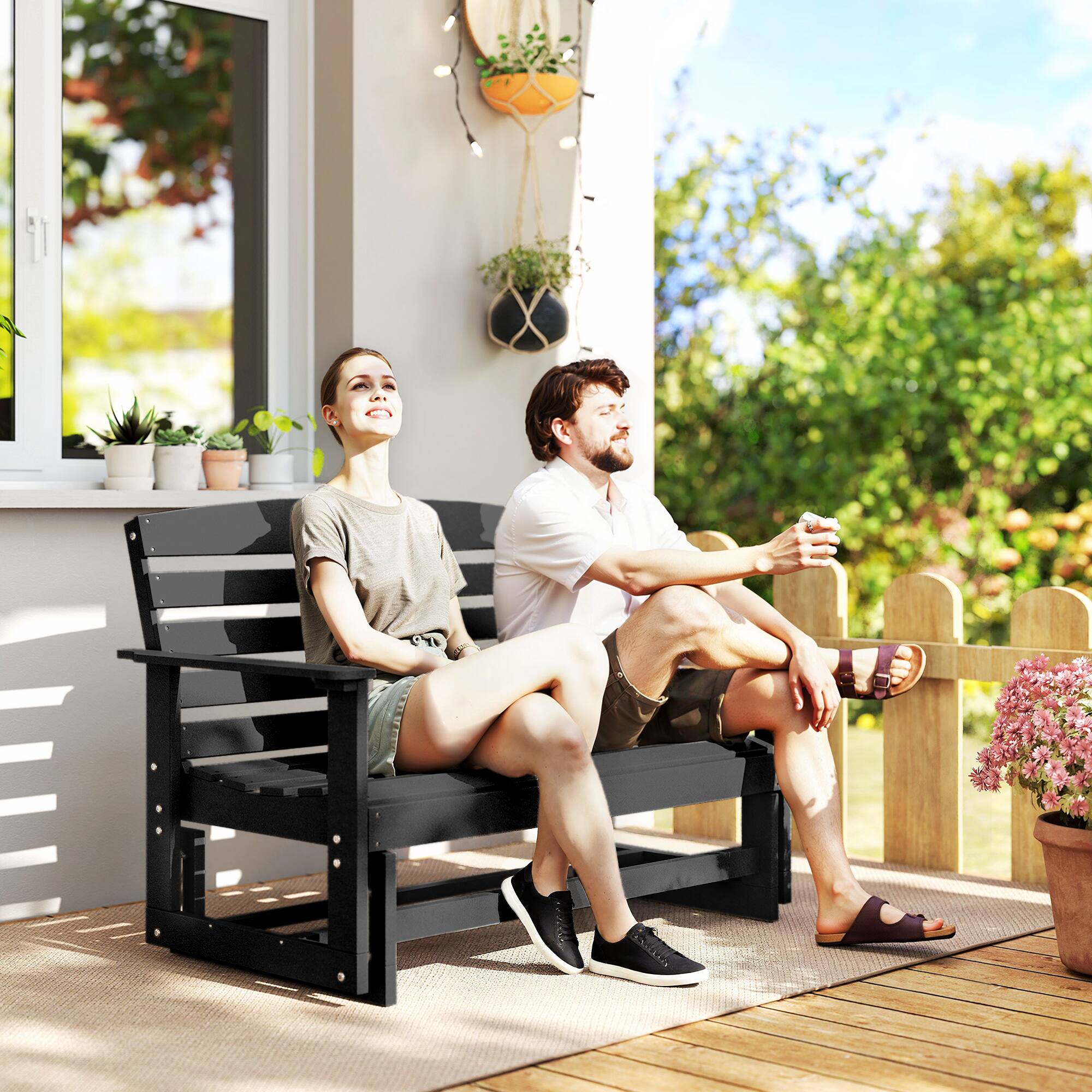 Alt View 1. Outsunny - Glider Bench w/ HDPE Slatted Double Rocking Chair - Black.