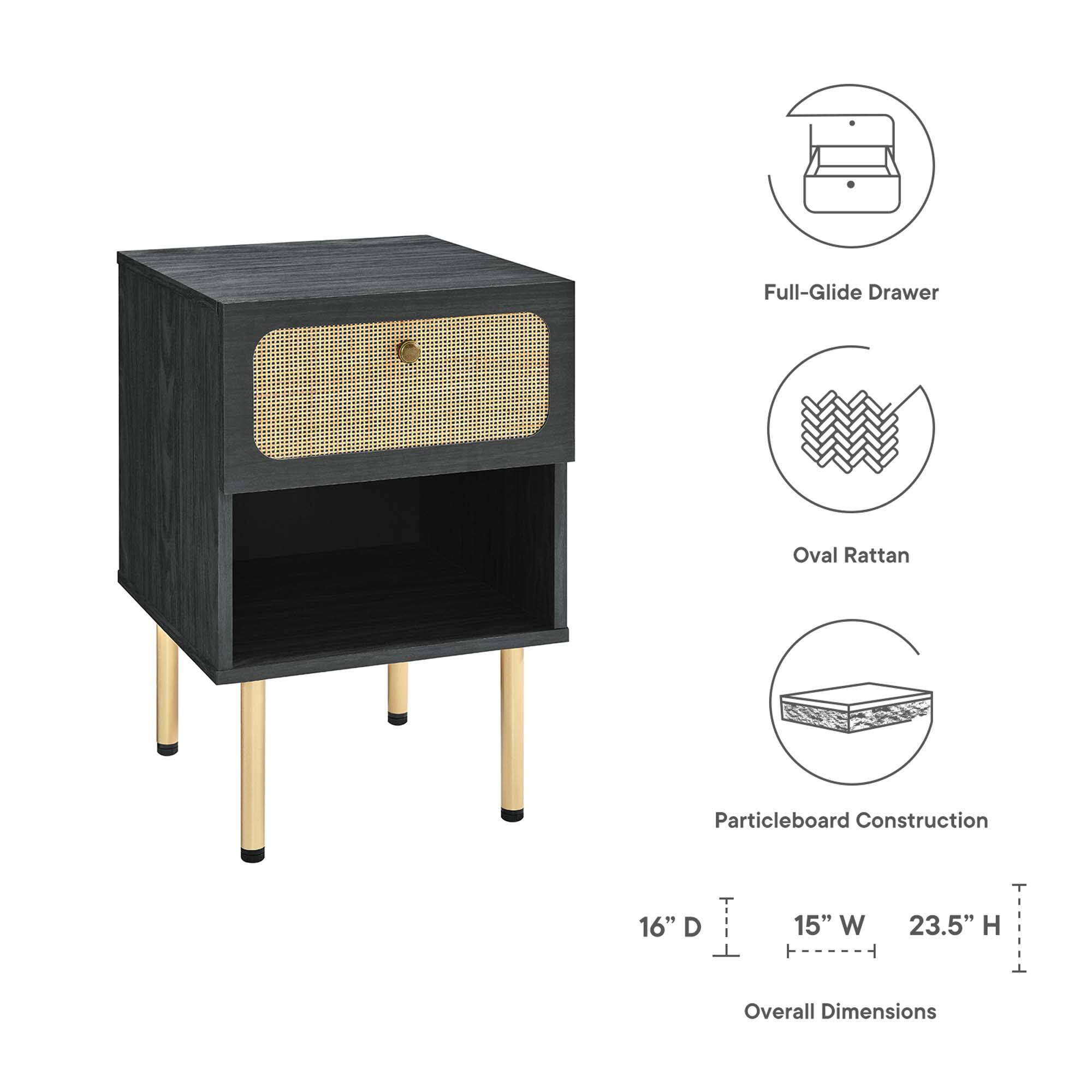 Full-Glide Drawer  
Oval Rattan  
Particleboard Construction  

Overall Dimensions  
16" D x 15" W x 23.5" H
