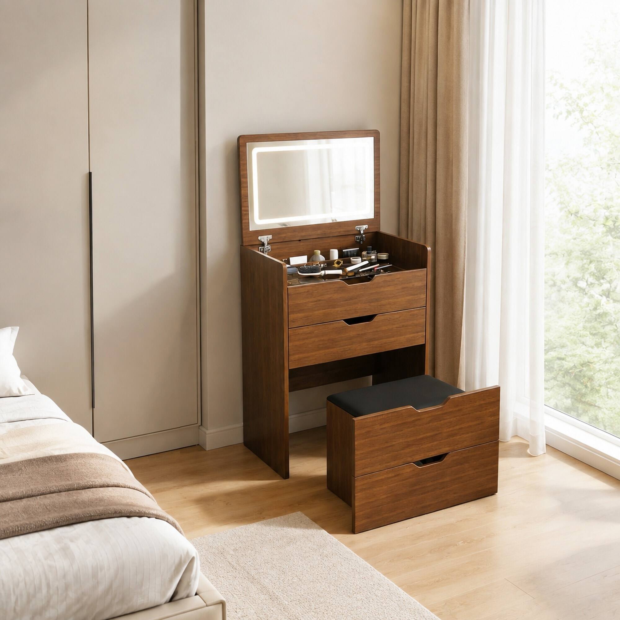 RYHNUYNE 3 in 1 Vanity Desk, Lighted Mirror and Flip Top Makeup Table ...