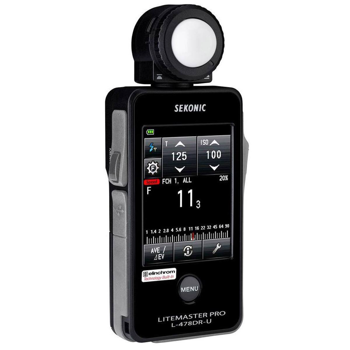 SEKONIC T ISO Y 125 100 F ALL 20% Speed FCH 1, F 11 3 1 2.8 4 5.6 I 1.4 2 22 32 45 64 90 11 16 AVE / 4EV C elinchrom Technology Built-in MENU PRO LITEMASTER L-478DR-U