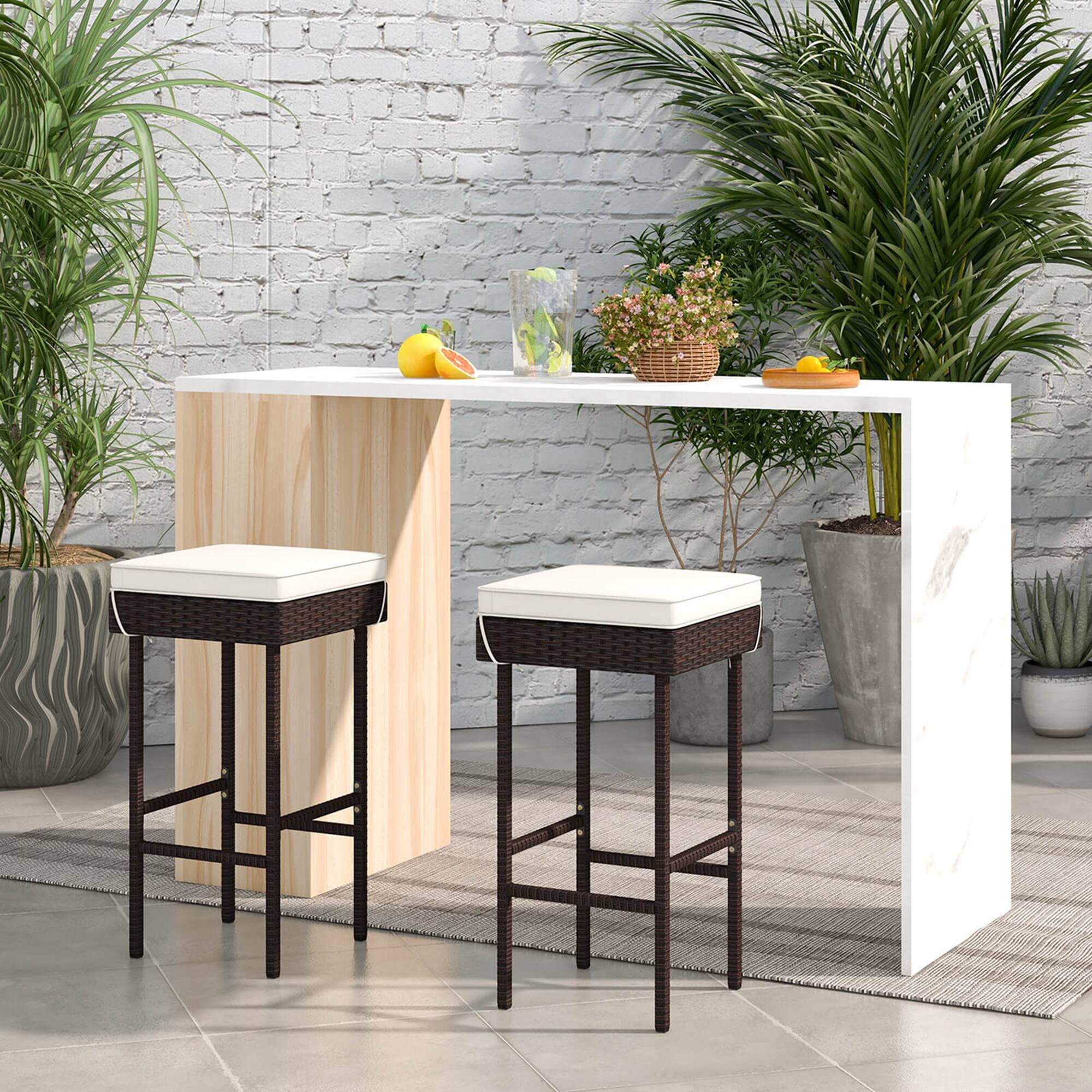 Angle. Costway - Patio Rattan Barstools Set of 2 Outdoor Wicker Bar Height Chairs with Footrest - Off White,Mix Brown.
