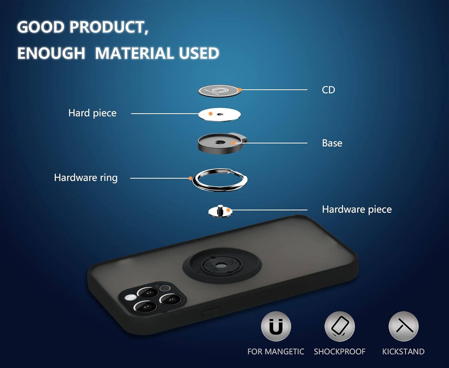 GOOD PRODUCT, ENOUGH MATERIAL USED
CD, Hard piece, Base, Hardware ring, Hardware piece
FOR MANGETIC, SHOCKPROOF, KICKSTAND