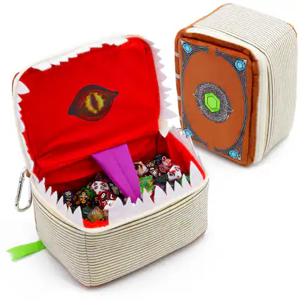 Front. CASEMATIX - Mimic Spell Book Dice Case with 7 RPG Dice Set, Plush Dice Holder for 250 Dice, Travel-Ready.