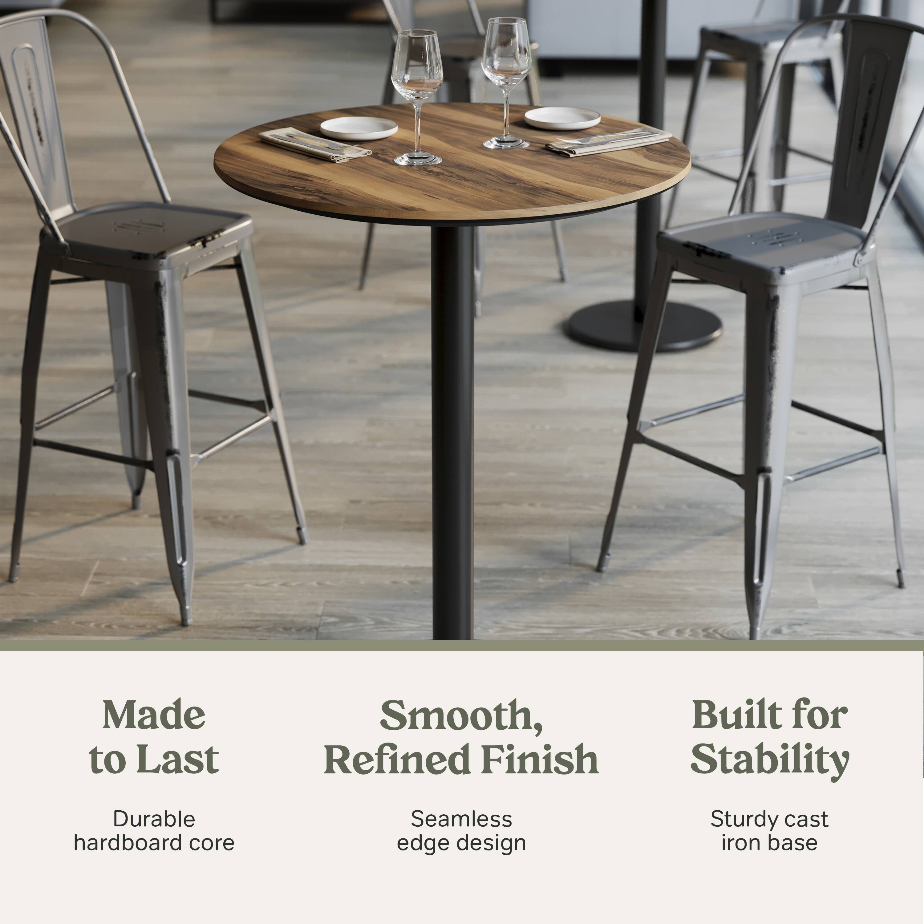 Made to Last  
Durable hardboard core  

Smooth, Refined Finish  
Seamless edge design  

Built for Stability  
Sturdy cast iron base
