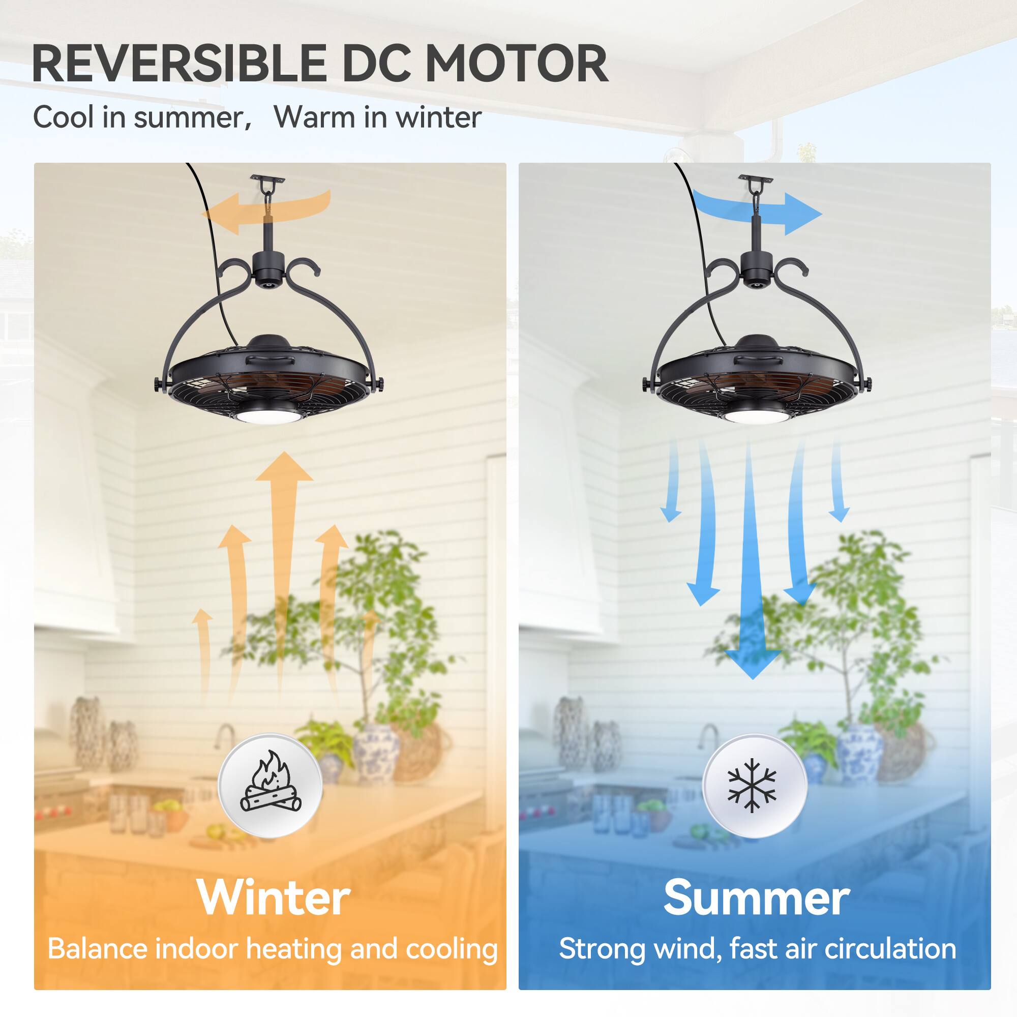 REVERSIBLE DC MOTOR  
Cool in summer, Warm in winter  

Winter  
Balance indoor heating and cooling  

Summer  
Strong wind, fast air circulation